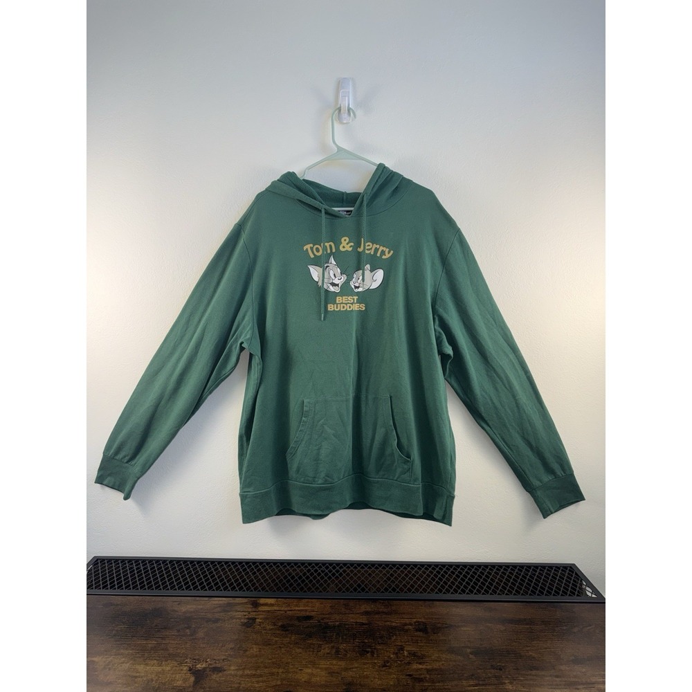 Tom and Jerry Hoodie Mens Size 2XL Dark Green Sweatshirt Best‎ Buddies Cartoons